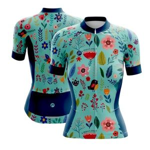 Womens Floral Short Sleeve Cycling Jersey in Aqua